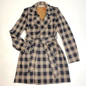 Solitaire Soft Faux Suede Coat Collar 2-Pockets Belted Plaid Trench Jacket Sz L